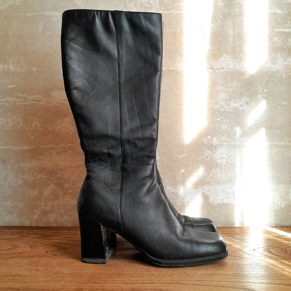 104a. vintage black Studio Works leather square toed heeled 90s y2k boots, 6.5 - Picture 1 of 8